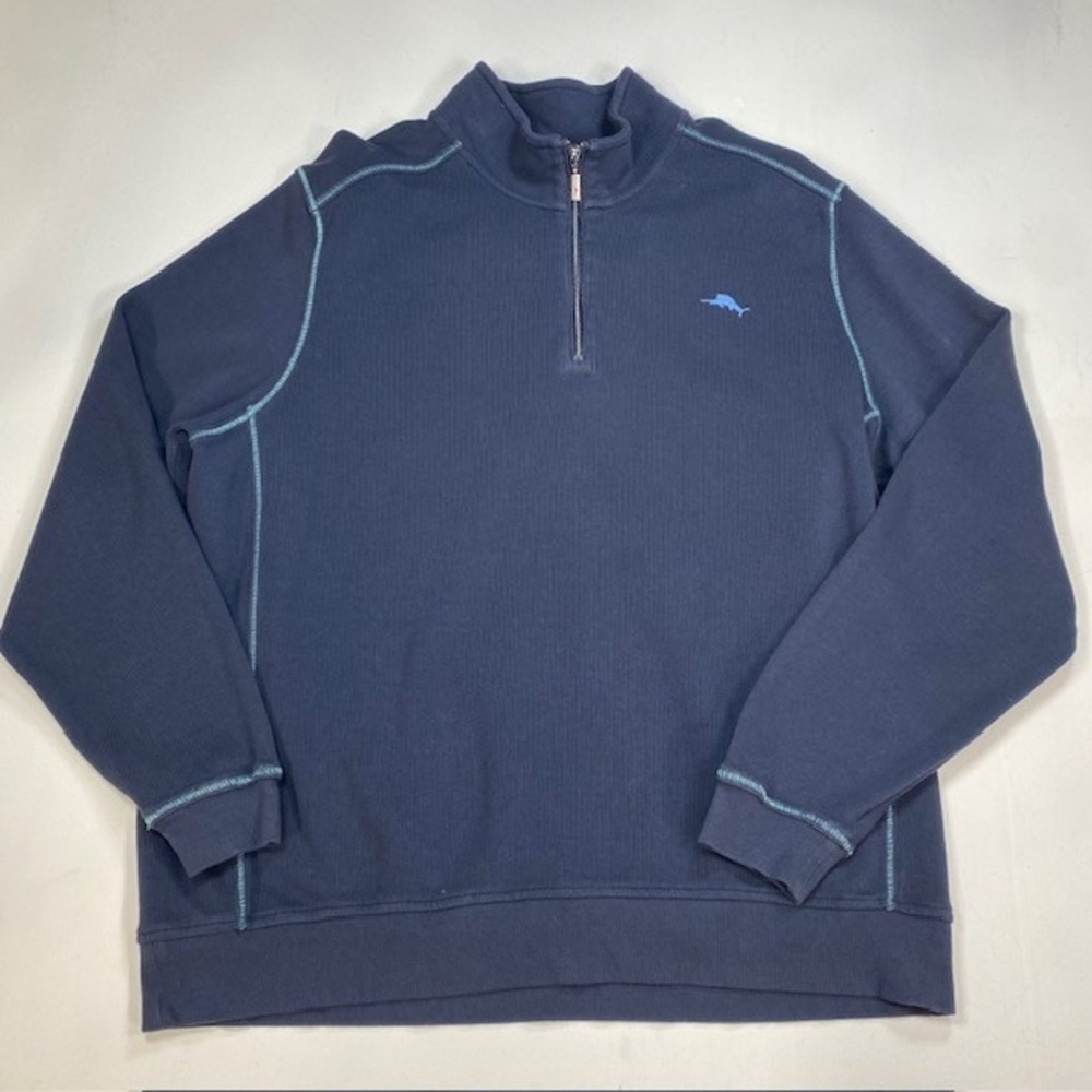 Tommy Bahama Relax Mens XXL Navy Blue Half Zip Ribbed Cotton Pullover Sweatshirt